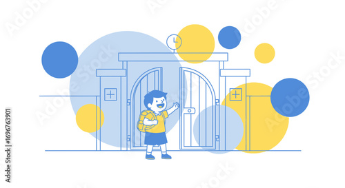 Energetic Young Student Exits School Gate, Eagerly Ready To Begin School Day
