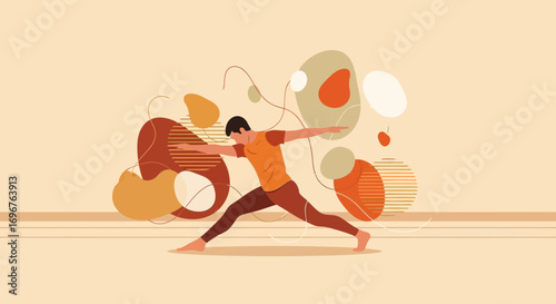 Energized Figure Performing Dynamic Movement Against Abstract Shapes And Earthy Tones