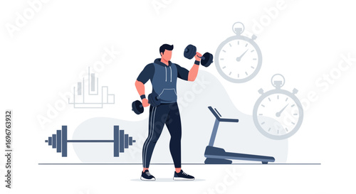 Engaging Fitness Illustration: A Man Actively Training with Dumbbells and Equipment