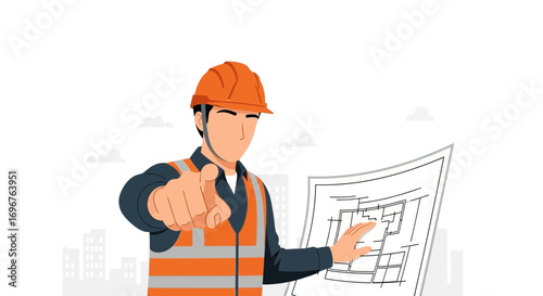 Engineer Reviewing Blueprint And Pointing Suggesting Construction Project Management