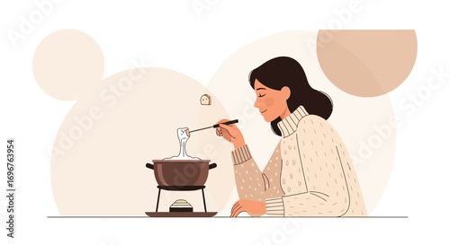 Enjoyable Moment: Woman Savors a Delightful Cheese Fondue Culinary Experience