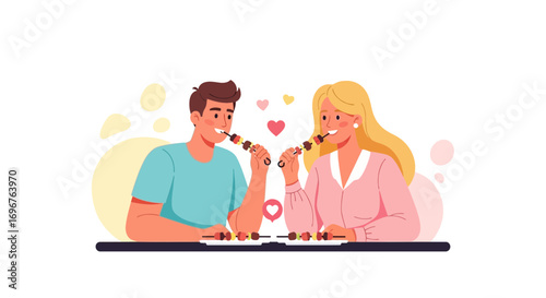 Enjoyable Pair Sharing Food, Happy Couple, Romantic Dinner, And Date Night Moments