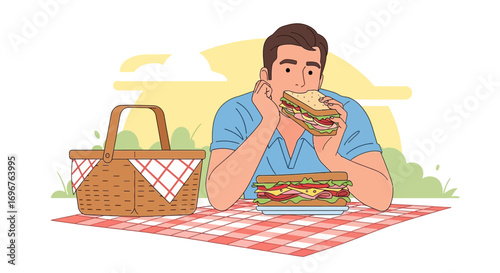 Enjoying A Delicious Sandwich During A Sunny Picnic, Fresh Food And Outdoor Leisure