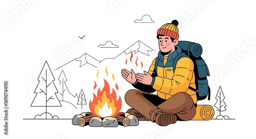 Enjoying The Warmth: Adventurer Warming Hands On A Beautiful Campfire In The Mountains