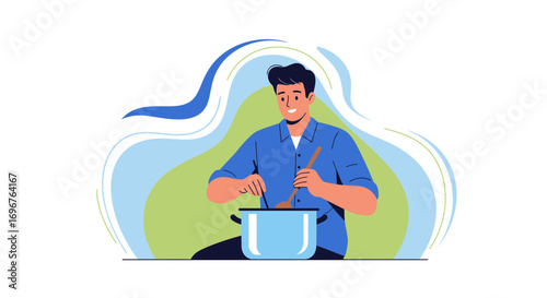 Enthusiastic Chef Preparing Delicious Meal Inside Kitchen Pot with a Smile