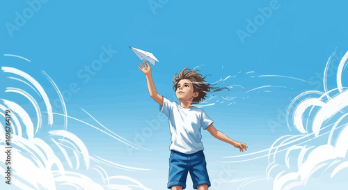 Enthusiastic Child Launches Paper Plane Into Inviting Skies Full Of Hopeful Moments