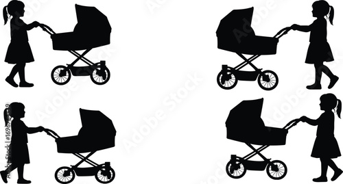 Silhouette of Little Girl Pushing Baby Stroller Multiple Angles Black Vector Art Family Parenthood Concept Illustration