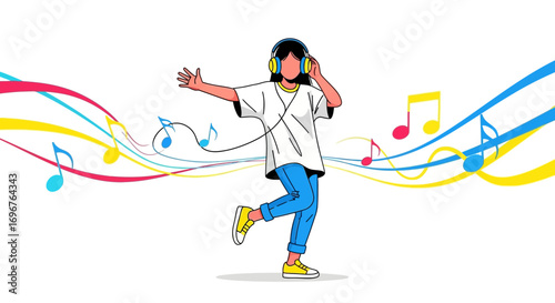 Enthusiastic Listener Immersed In Music With Dynamic Musical Note Strokes Backdrop