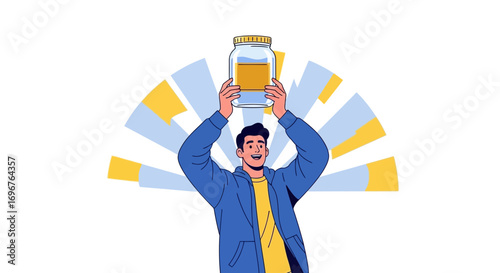 Enthusiastic Individual Holding a Glass Jar Depicting a Conceptual Display of Achievement and