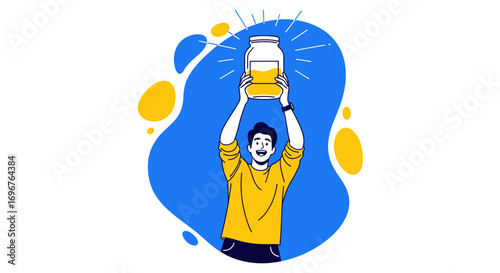Enthusiastic Man Holding Up a Jar Indicating the Idea of a Shining Success