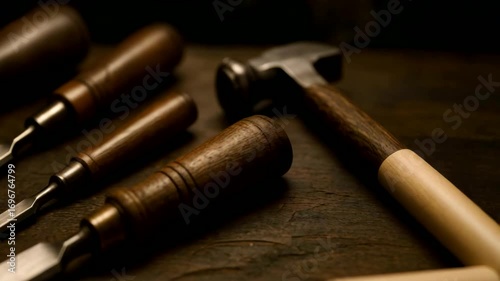 Wallpaper Mural Woodworking tools including a hammer and chisels on a wooden workbench in a dimly lit workshop Torontodigital.ca