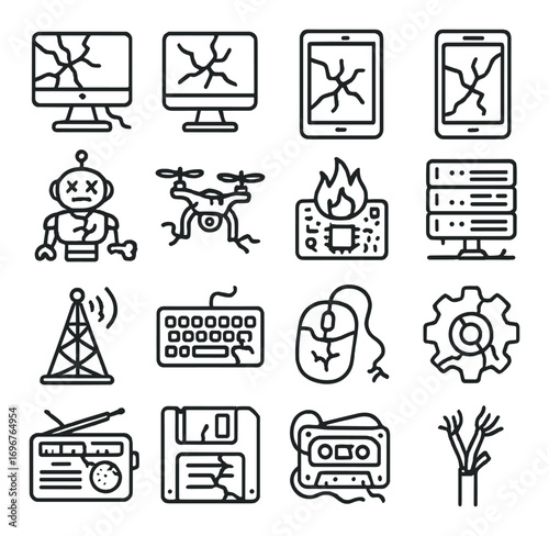 Illustrated icons of technology devices with damage and malfunction symbols