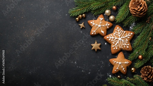 Gingerbread cookies with festive decoration on dark background