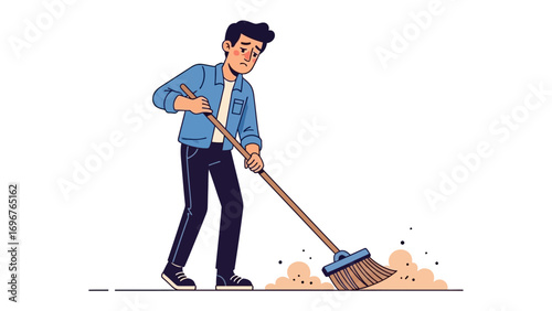 Hard Work: Depicts an individual dedicated to diligent chores, focused on sweeping debris with a broom. The image signifies effort, commitment, and meticulous attention to cleaning.