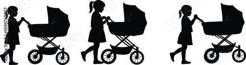 Silhouette Illustration of Little Girl Pushing Baby Stroller Multiple Views Black Vector Art for Family Parenthood Concept