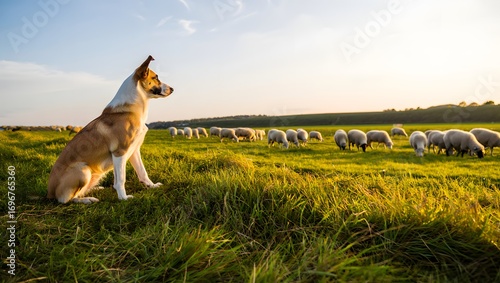 Sheep with Sheepdog in Summer Pasture /Rural Landscape Context