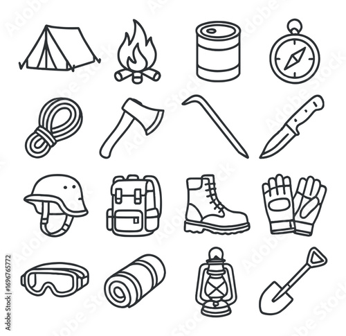 Camping gear icons: tent, fire, barrel, compass, tools, lantern, essentials