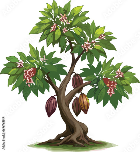 Cacao tree illustration, twisted trunk design, broad green leaves, pink flowers, ripe and unripe cacao pods, tropical agriculture, chocolate source, botanical art, nature decor