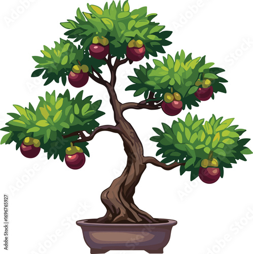 Beautiful bonsai tree with twisted trunk, lush green foliage, red and yellow fruits in rectangular pot, traditional Japanese miniature plant art for home decor
