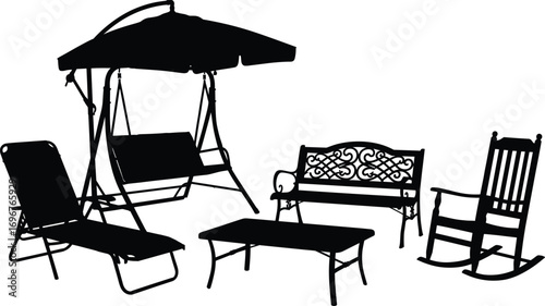 Silhouette Illustration of Outdoor Garden Furniture Set Including Swing, Umbrella, Lounger, Bench, Rocking Chair, and Coffee Table Design