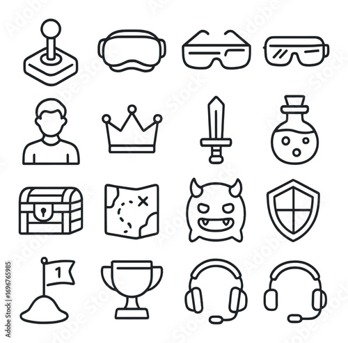 Gaming icons: controller, goggles, crown, sword, potion, chest, map, monster, shield