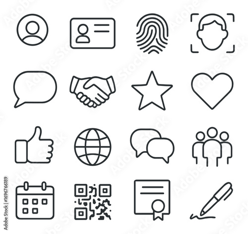 Monochrome icon set: identification, communication, and interaction symbols