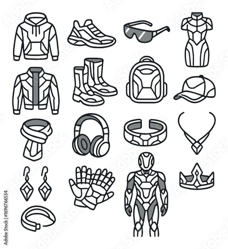 Futuristic apparel and accessories collection including boots, gloves, and armor