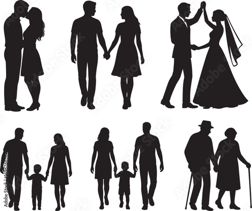 Diverse silhouettes of couples and families illustrating love relationships and generations from young romance to elderly companionship and wedding silhouette