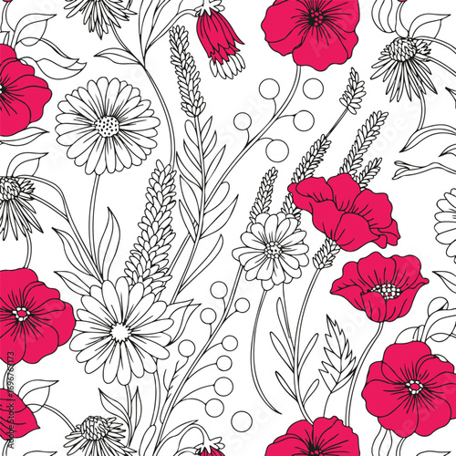 seamless floral background with red flowers and leaves. Detailed flower pattern, black and white floral illustration, seamless floral artwork, intricate nature-inspired design, floral motifs, 