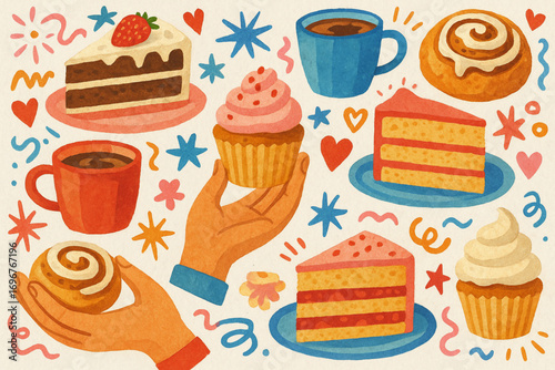 Playful Dessert with Pastries and Hot Drinks, illustration vector