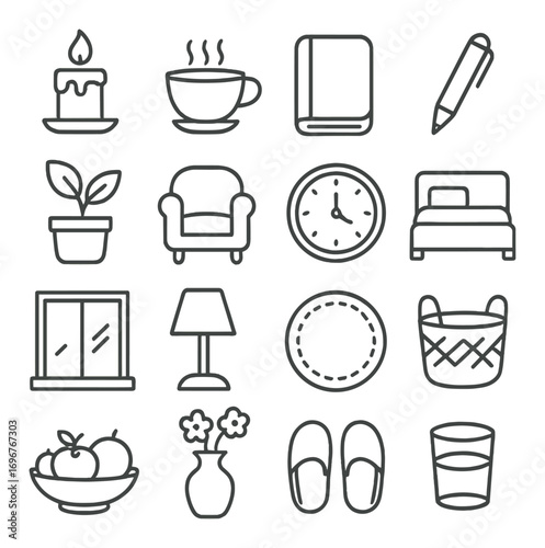 Minimalist line icons: household essentials and everyday items collection
