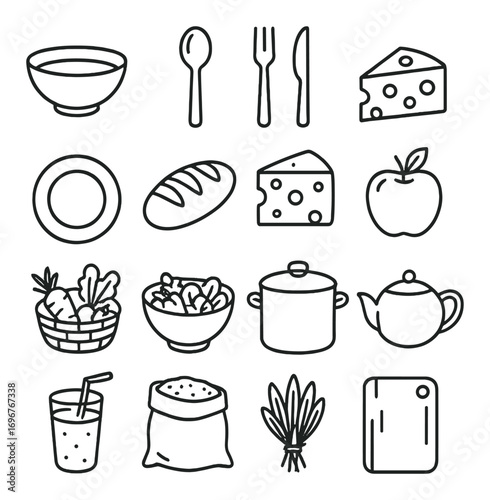 Outline icons of kitchen utensils and food items in grid arrangement