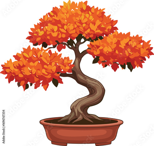 Autumn bonsai tree illustration, vibrant fall foliage, twisted trunk, seasonal Japanese art, vector design, decorative plant, nature concept, isolated on white