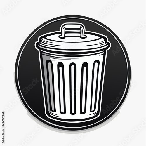 Monochrome vector icon of a classic metal trash can with a lid, symbolizing waste disposal, recycling, and cleanliness. Graphic illustration for web and print