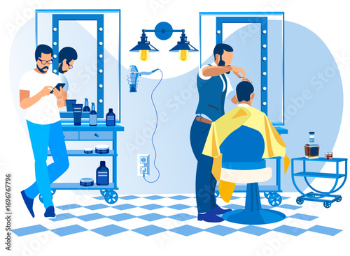 Barber styling client's hair in modern salon while man waits