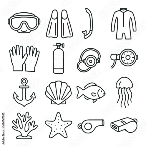 Minimalist dive gear icons: snorkel, flippers, starfish, anchor, jellyfish