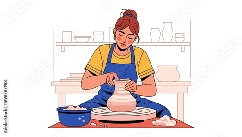Artisan's Craft: A woman gracefully molds clay on a spinning wheel, embodying the serene focus of traditional pottery making. The scene celebrates the hands-on creation of ceramic artistry.