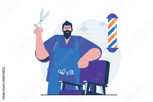 Cartoon barber pole mascot with scissors thumbs up