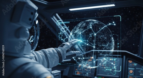 Astronaut Engaging Futuristic Holographic Global Network Data Display in Advanced Spacecraft Cockpit
