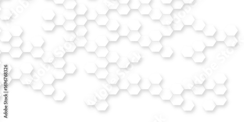 White hexagon abstract background, seamless geometric honeycomb pattern, clean minimal futuristic surface, 3D texture design for technology, corporate, digital, presentation, website, wallpaper.