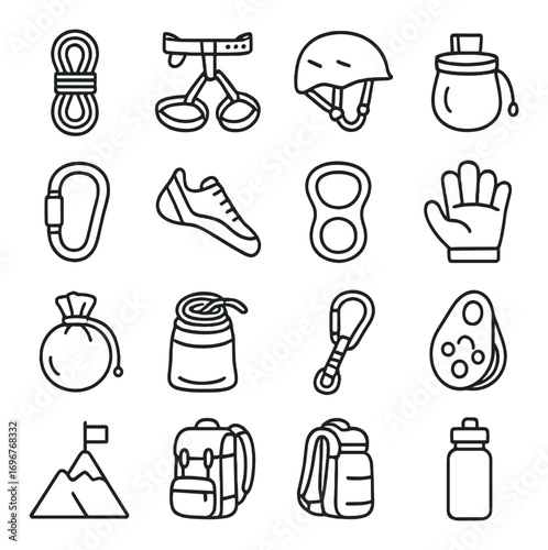 Minimalist icons of climbing gear including helmet, rope, shoes, backpack, carabiner