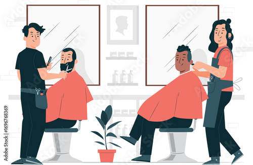 Barbershop scene with stylists cutting clients' hair