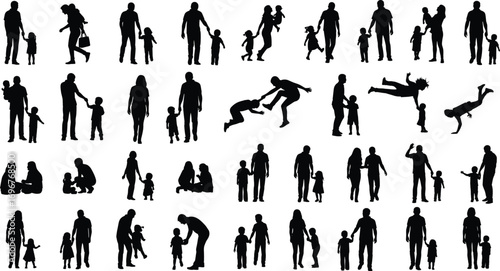 Family Silhouette Vector Set of Parents and Children in Daily Life Poses for Love, Parenting, Bonding, and People IllustrationFamily Silhouette Vector Set of Parents and Children in Daily