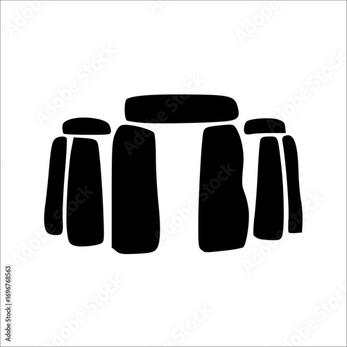 Simple black and white illustration of the ancient monument, Stonehenge, in a minimalist style.