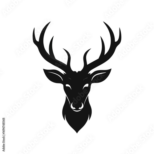 Black Silhouette Head of a Deer with Antlers on White Background stag