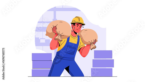 Construction Worker Carrying Sacks: A determined construction worker is seen burdened with carrying heavy sacks on a construction site.