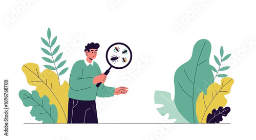 Examining Insects Through Magnifying Glass Near Foliage In A Contemporary Illustration
