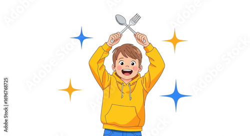 Excited Boy With A Spoon And Fork Over His Head Illustrates Joyful Food Moments