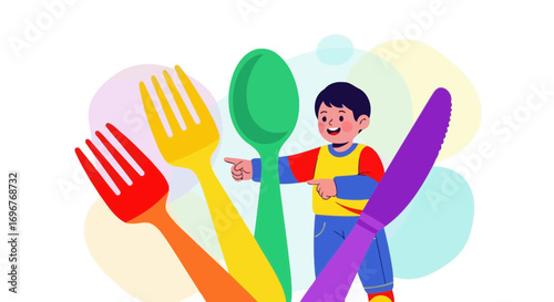 Excited Child Presenting Colorful Cutlery Set Illustrating Fun Dinner Time