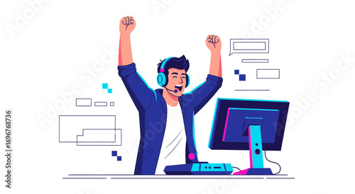 Excited Gamer Celebrating Victory While Using a Computer And Headphones